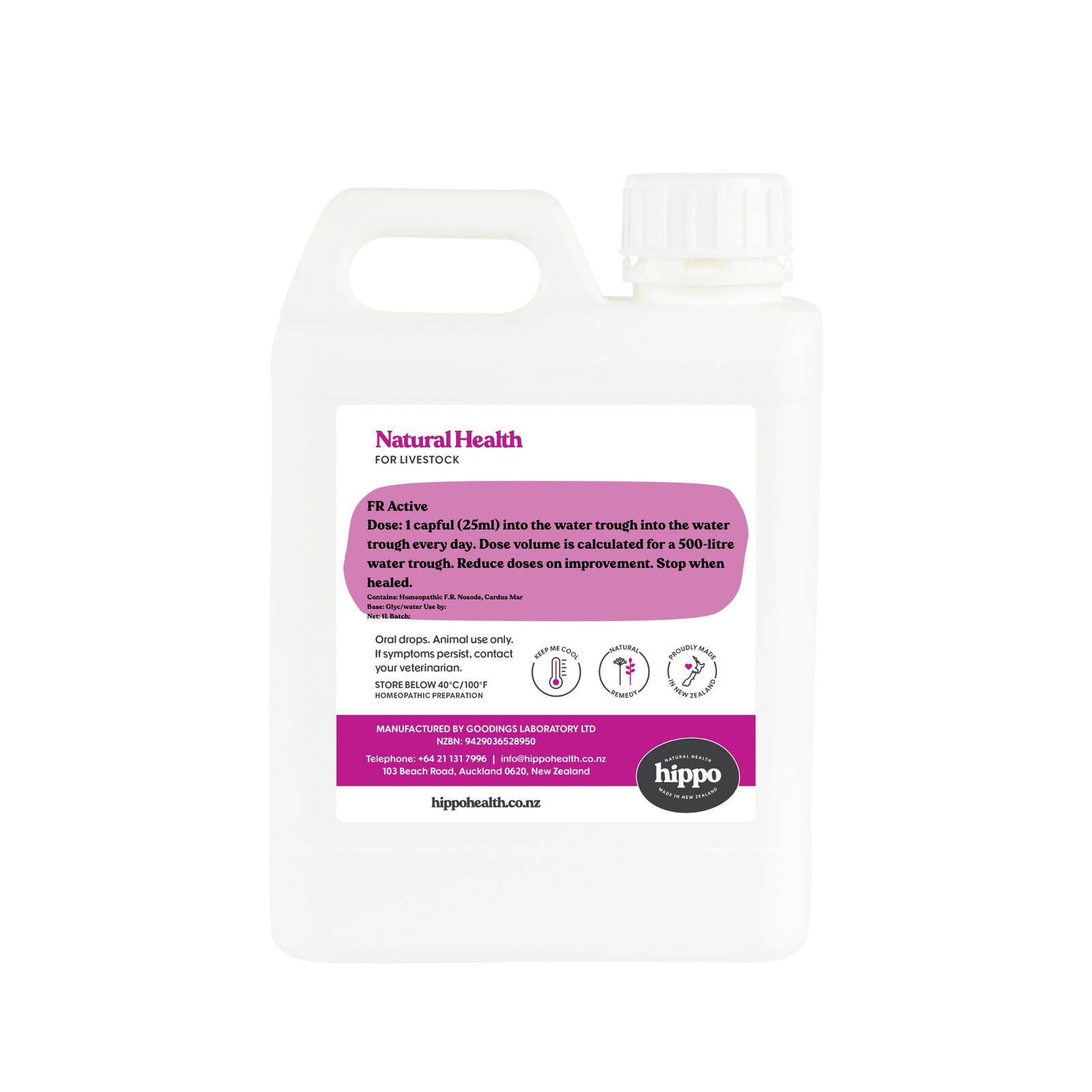 Hippo Natural Health for Livestock FR Active bottle on a white background
