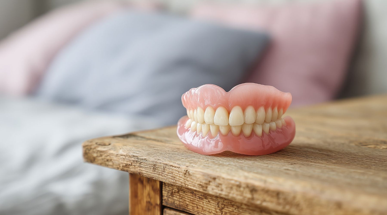 A set of perfect false teeth sitting on a table beside a bed.