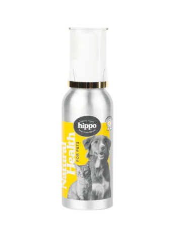 Silver bottle with yellow label featuring a dog and 'Hippo' branding on a white background